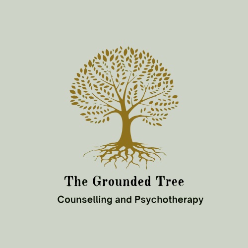 Gold tree with roots with writing 'The grounded tree Counselling and Psychotherapy'